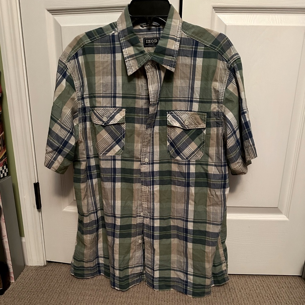 IZOD men’s button-up collared short sleeve shirt - sz large - green/blue/tan